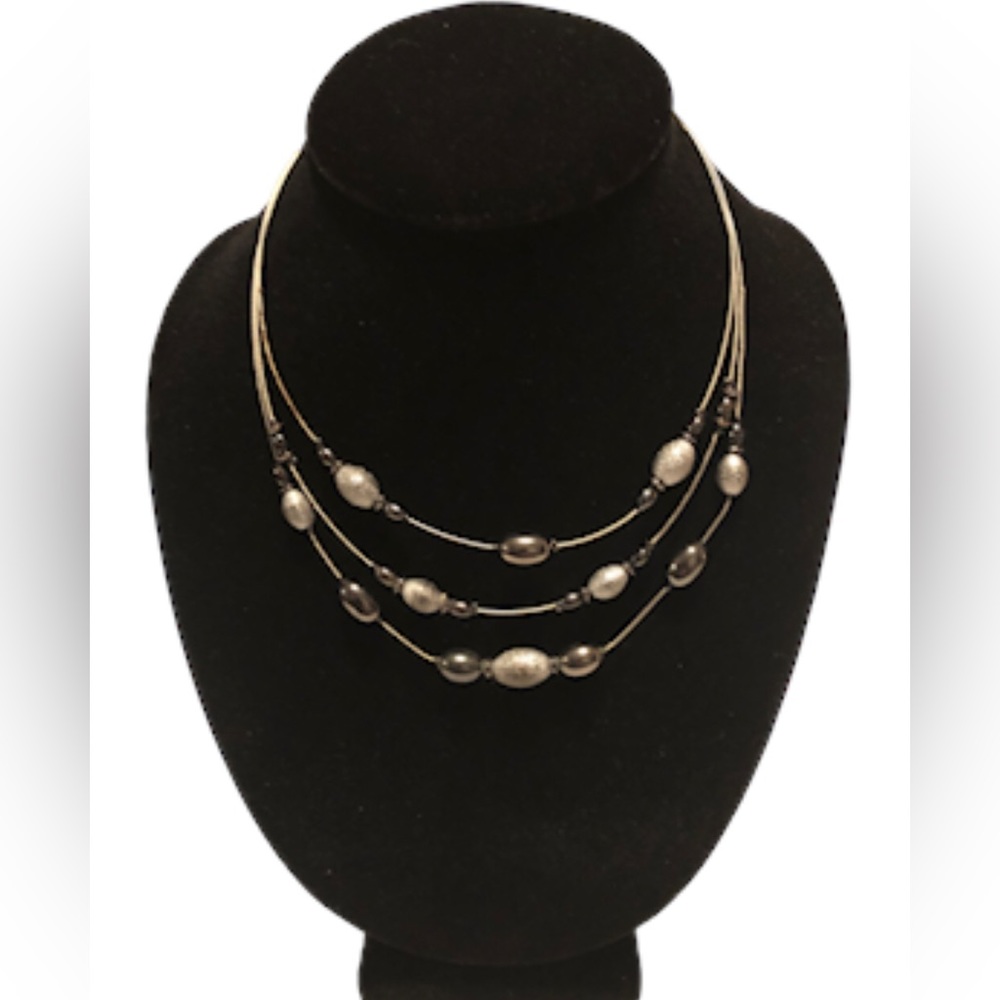NAPIER‎ - Vintage Three Strand Wired Silver Tone Ans Black Beaded Necklace